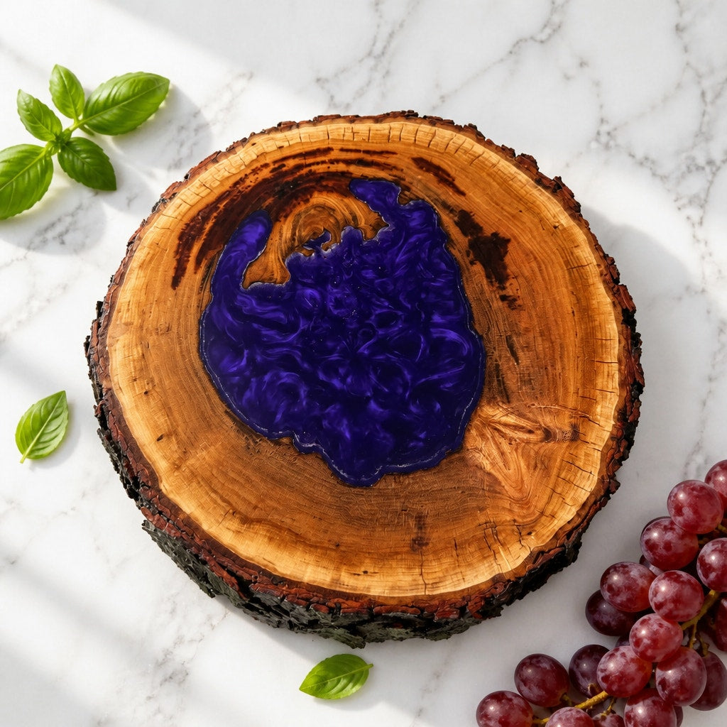 Hollow Cherry Log Charcuterie Board, Purple Epoxy Accents, Natural Bark Edge, 13x12x3, SKU 1416