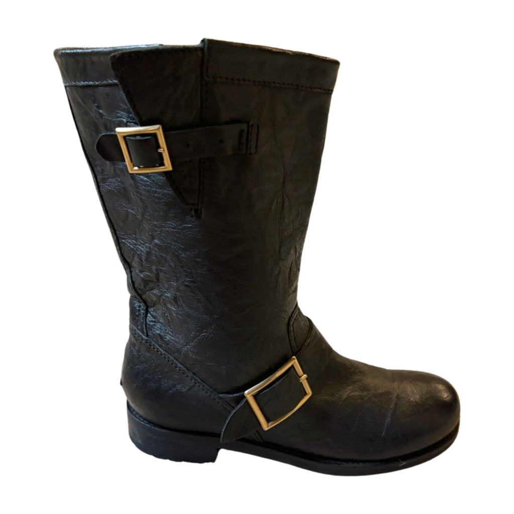 Jimmy Choo Black Biker Leather Boots with Gold plated trim - Size 8  - Pre-Owned