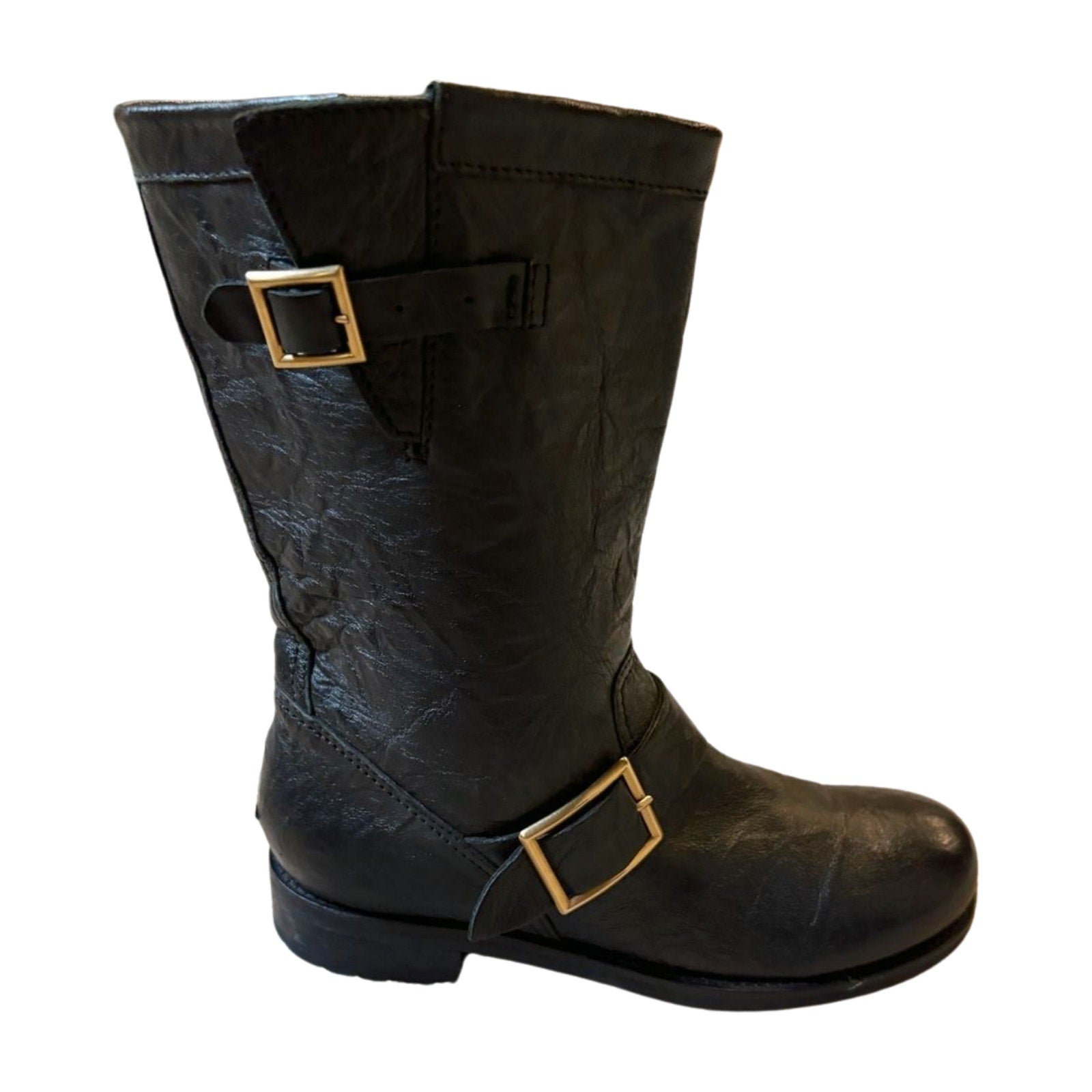 Jimmy Choo Black Biker Leather Boots with Gold plated trim - Size 8  - Pre-Owned