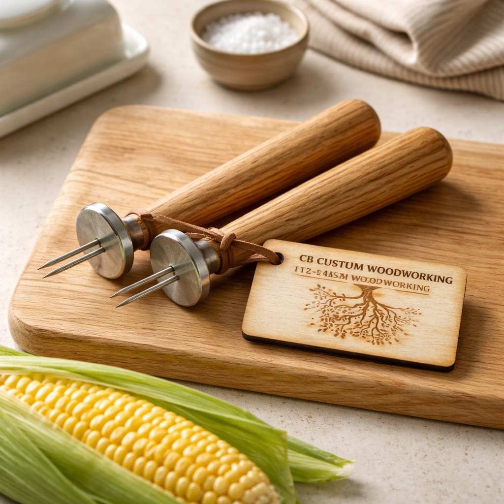 Hand Turned Sweet Corn Holders with Wood Handles, stainless steel prongs, hardwood options, durable kitchen tool, gift boxed