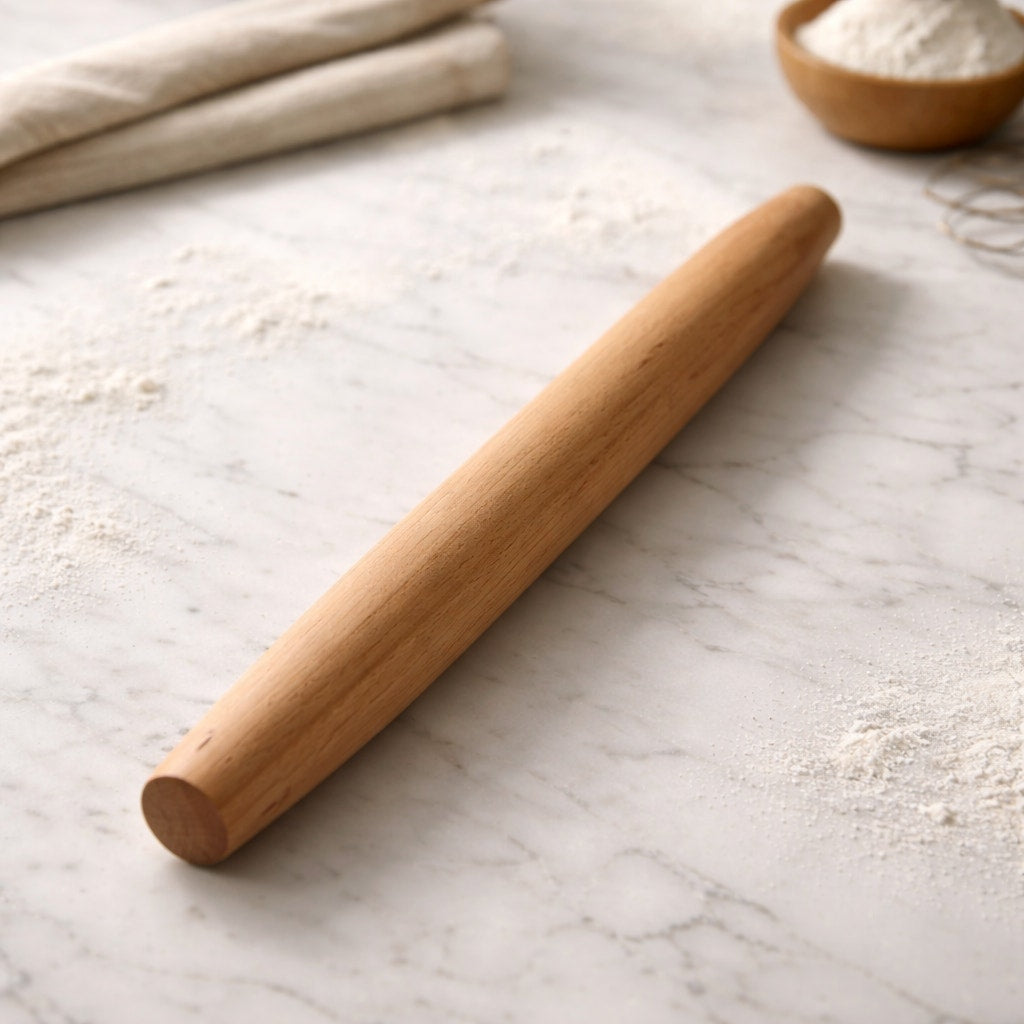 Hand Turned French Rolling Pin for Bakers, 18–20 inch length, tapered ends, smooth finish, quality hardwood, dough and pastry tool