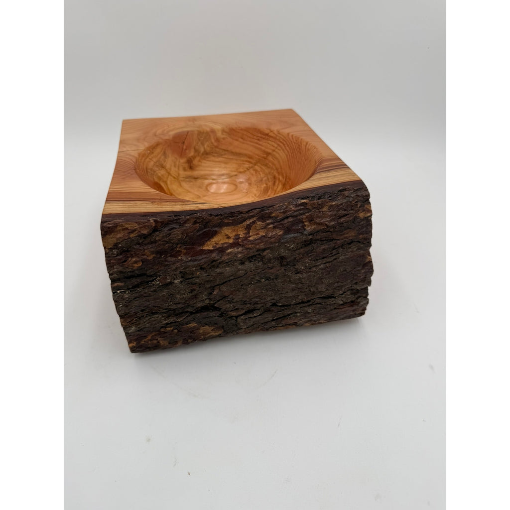 Natural edge fir wood centerpiece bowl, handmade rustic decor, live bark rim, 10.5 x 8.5 x 4.75 in, functional and decorative