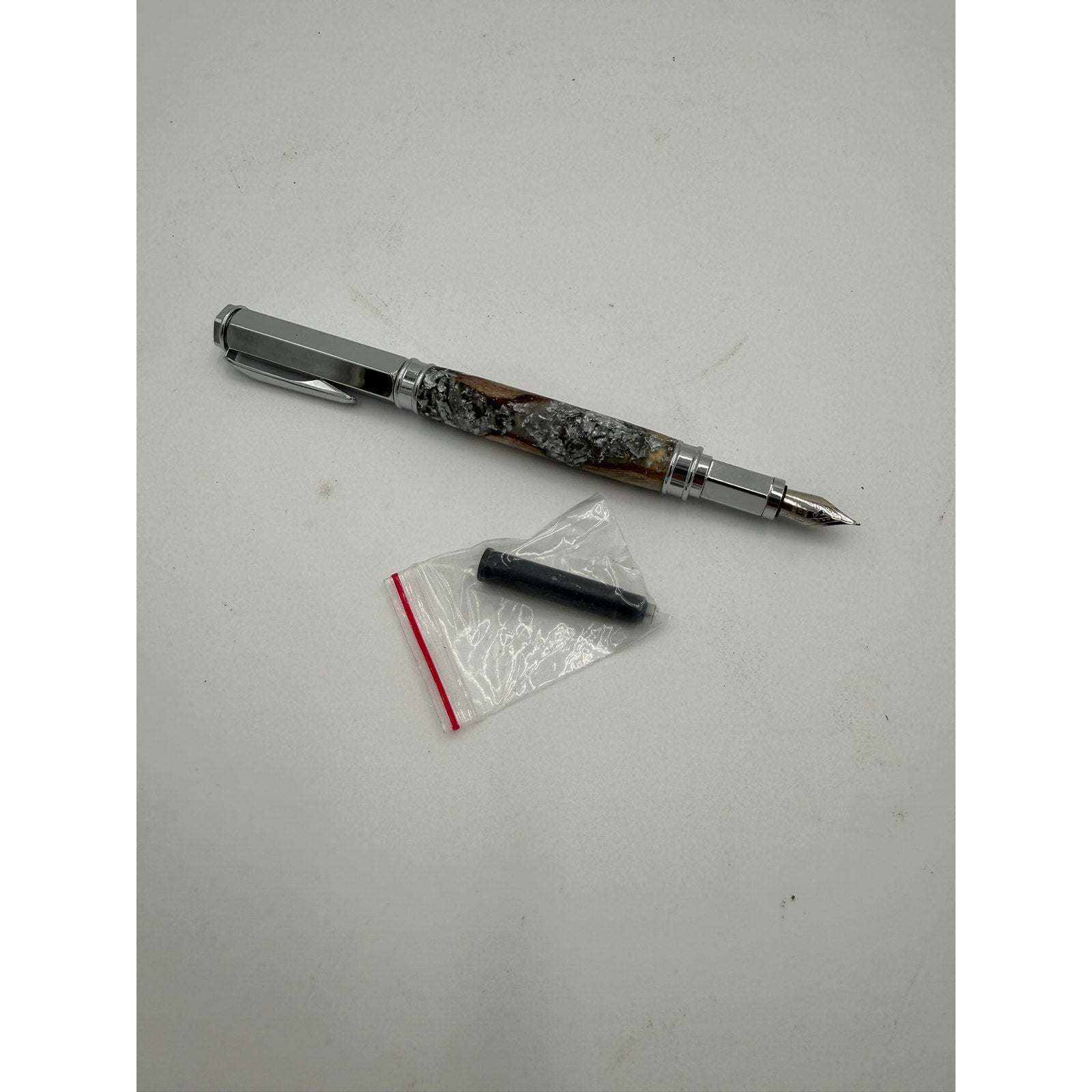 Hand Turned Fountain Pen with Silver Accents, epoxy barrel with silver flake and grapevine, includes ink pump and cartridge, handmade gift