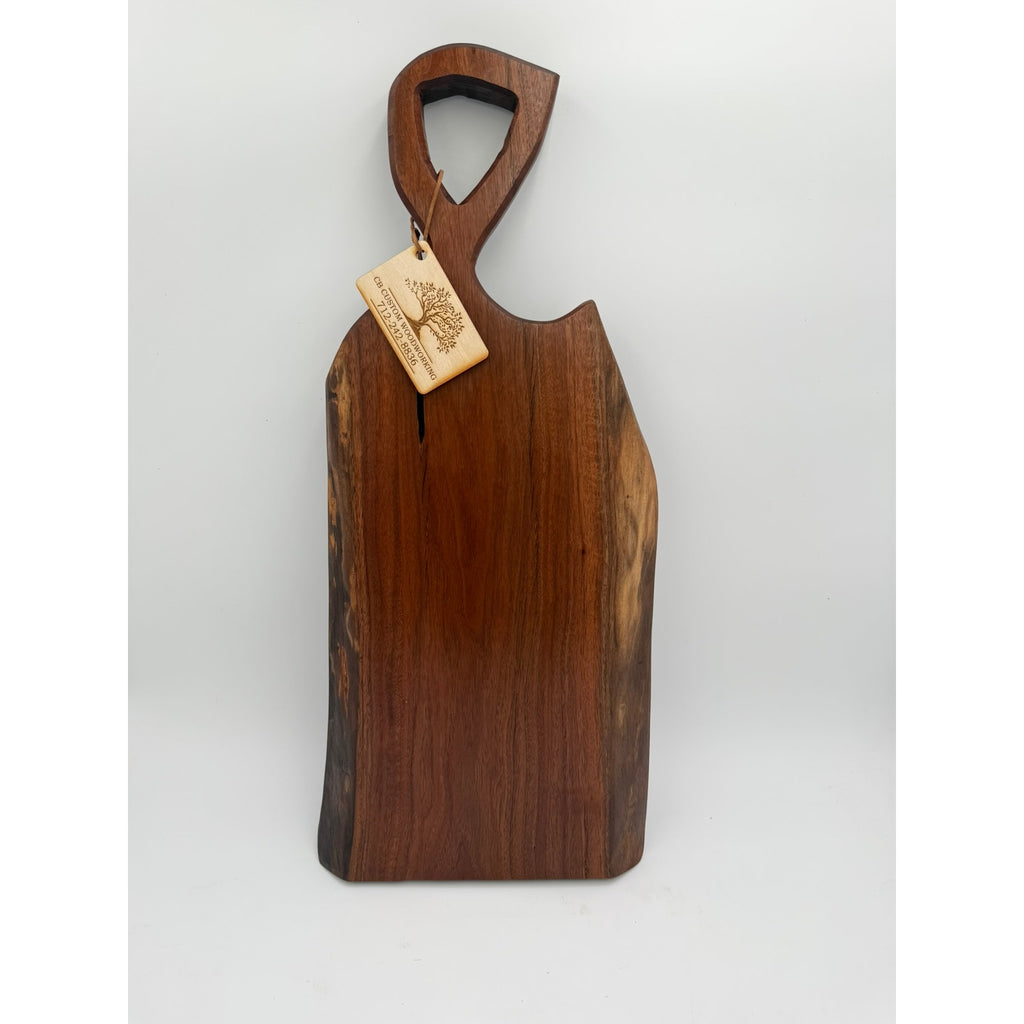 Heirloom Walnut Live Edge Charcuterie Board, thick and substantial, 23.5 x 11 x 1.5, wrought iron handle, serving tray, decorative kitchen