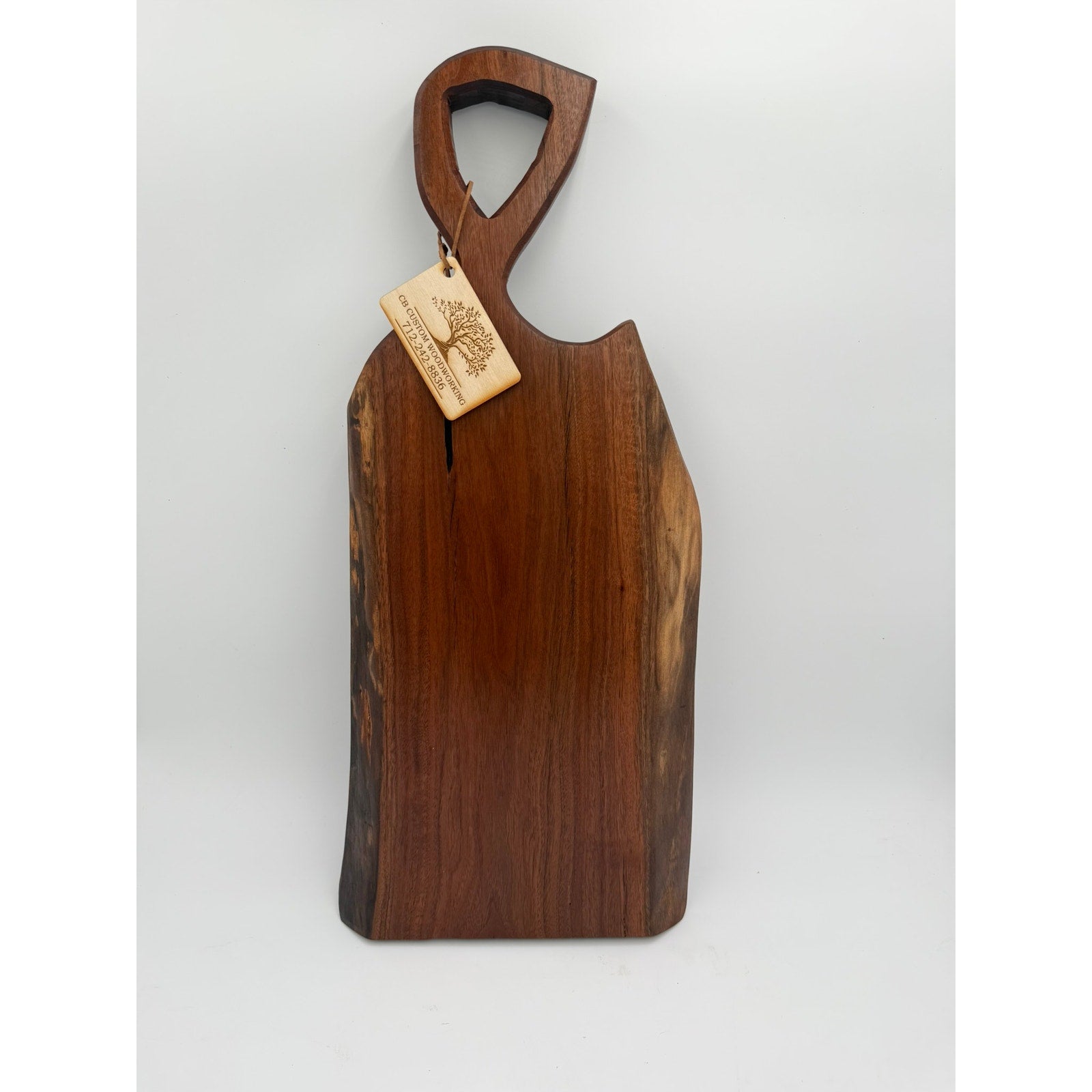 Heirloom Walnut Live Edge Charcuterie Board, thick and substantial, 23.5 x 11 x 1.5, wrought iron handle, serving tray, decorative kitchen