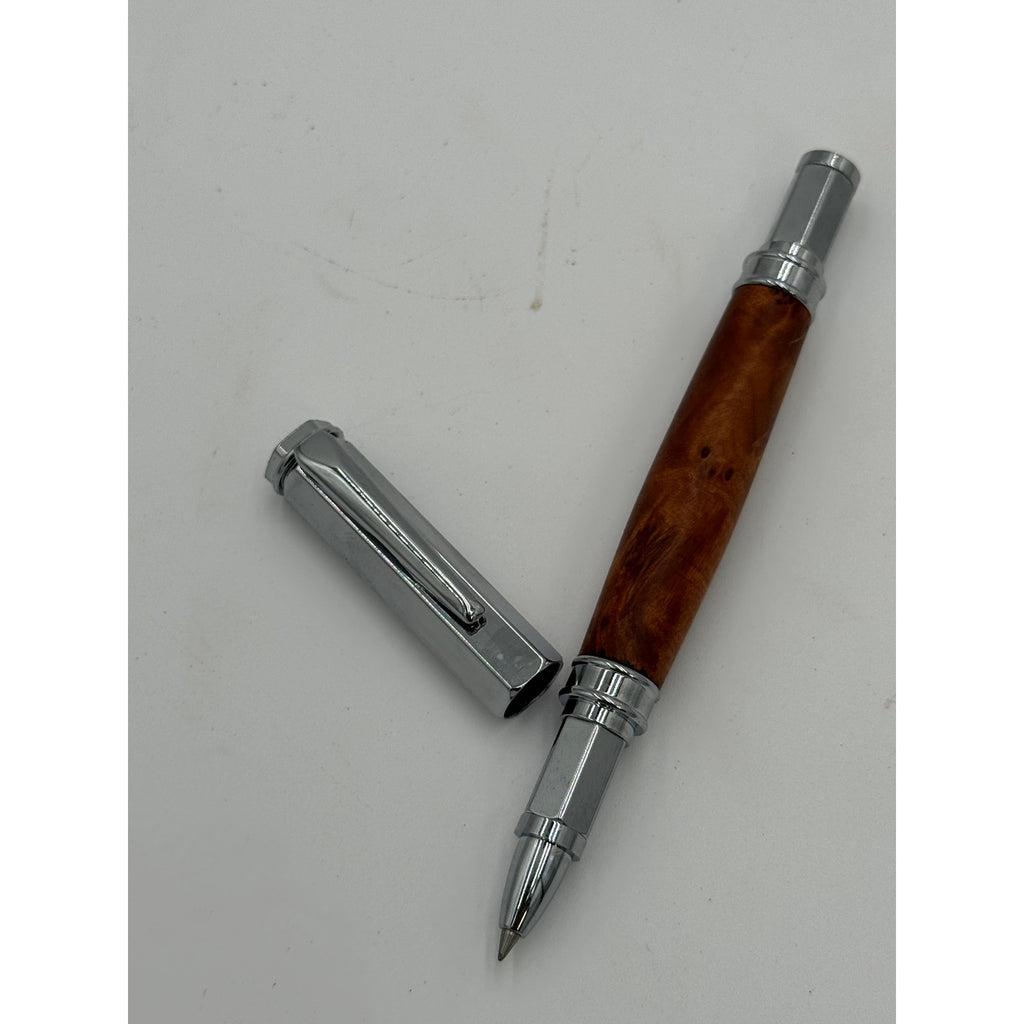 Vertex Rollerball Pen in Thuya Burl Wood, Hand Turned Barrel, Chrome Finish, SKU 1558