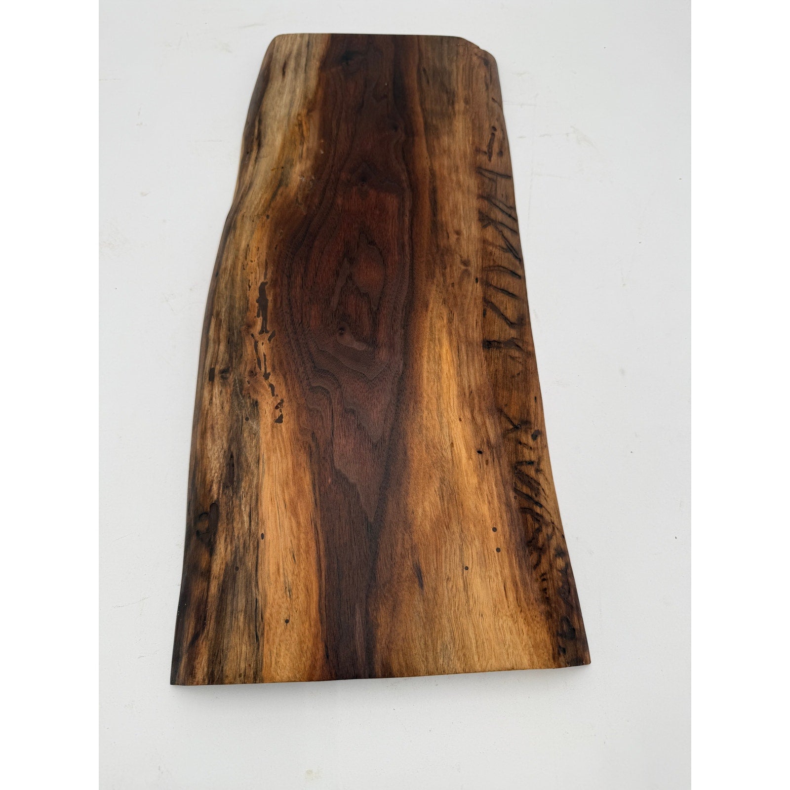 Live Edge Walnut Charcuterie Board Platter, rich dark coloring, intricate grain pattern, handcrafted, 18x8x1.1 in
