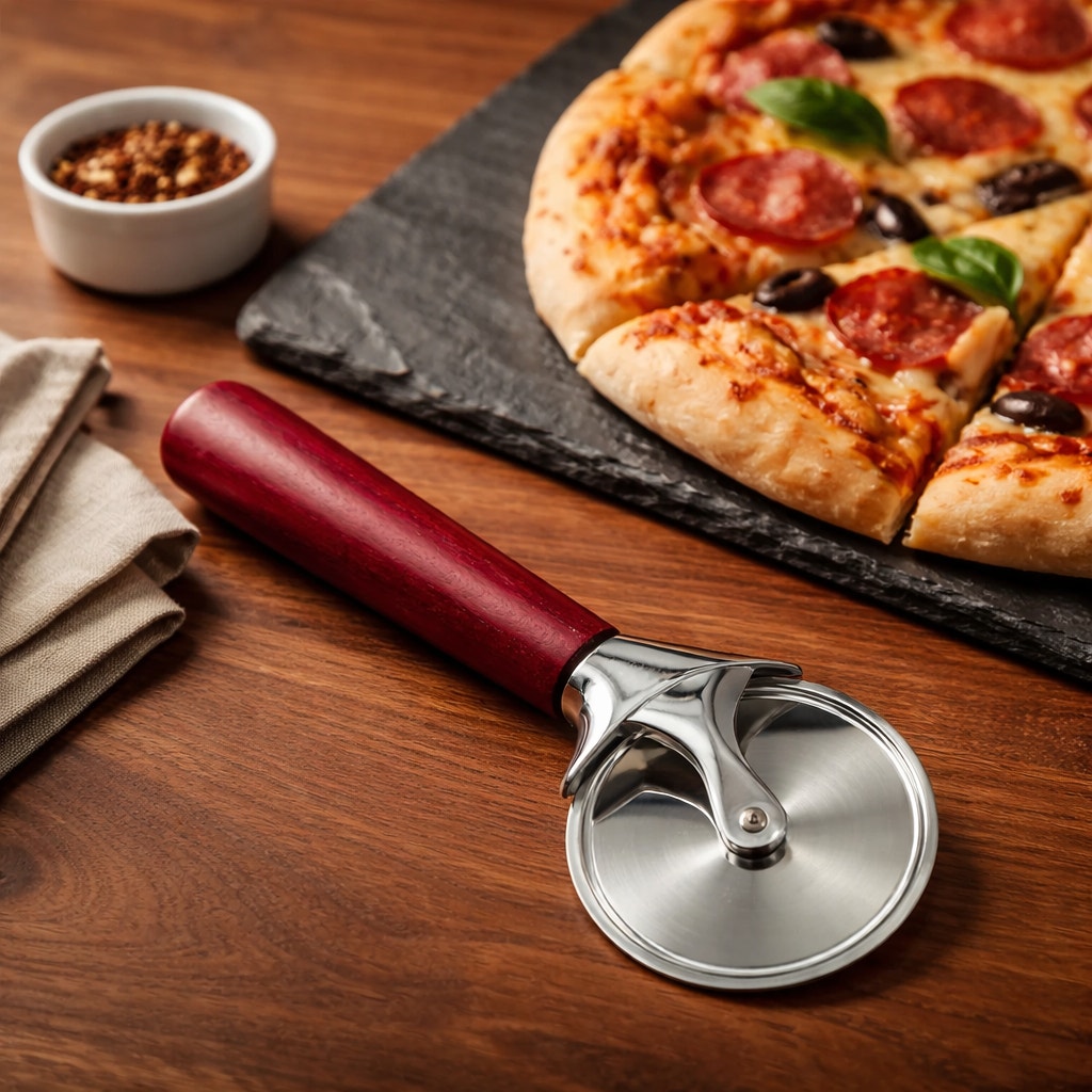 Hand Turned Hardwood Pizza Cutter Wheel, stainless steel blade, artisan kitchen tool, ergonomic handle, gift ready