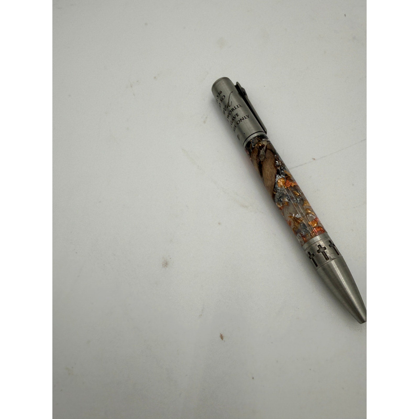 Premium Hand Turned Christian Pen, grapevine and clear epoxy body, metal cap engraved John 3:16, luxury writing gift for him
