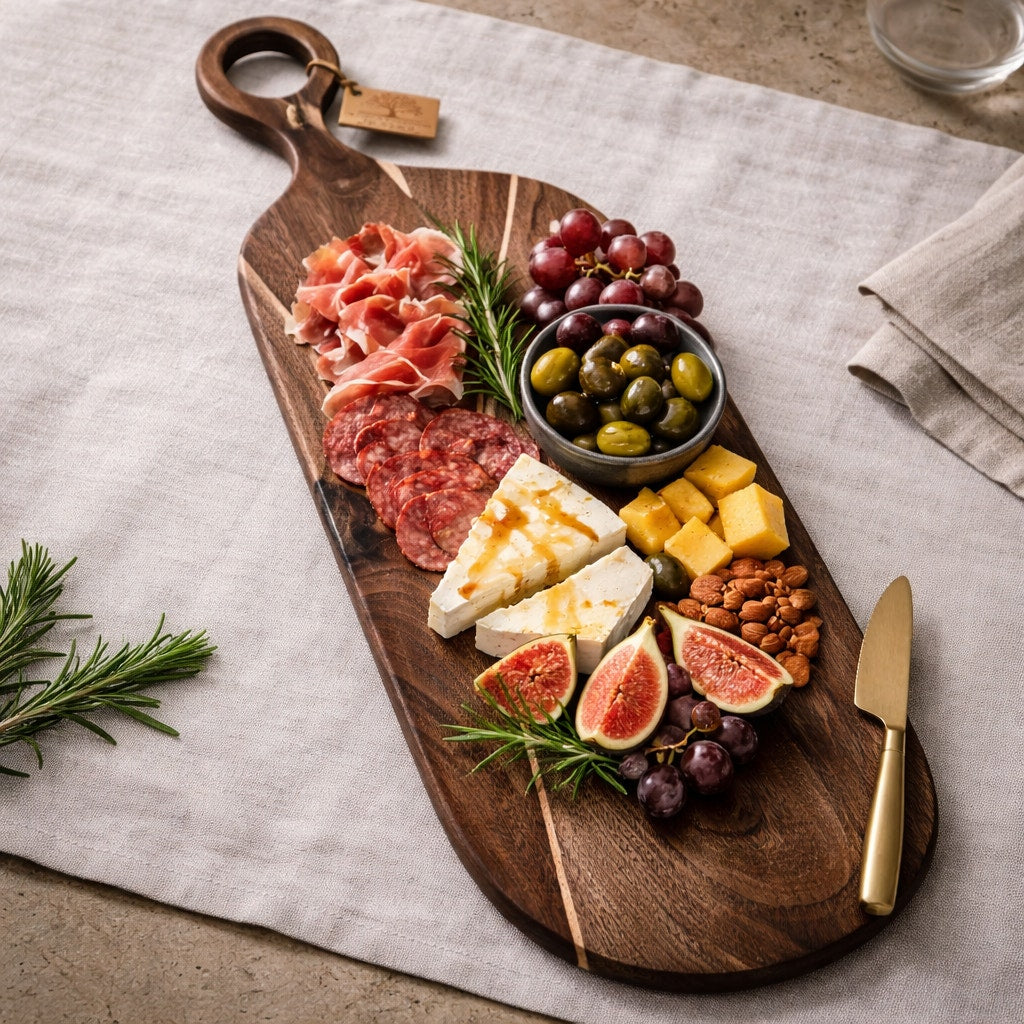 Walnut Charcuterie Board with Maple Inlay, 26.75 x 7.25 x 0.75, serving tray, decorative kitchen, hostess gift