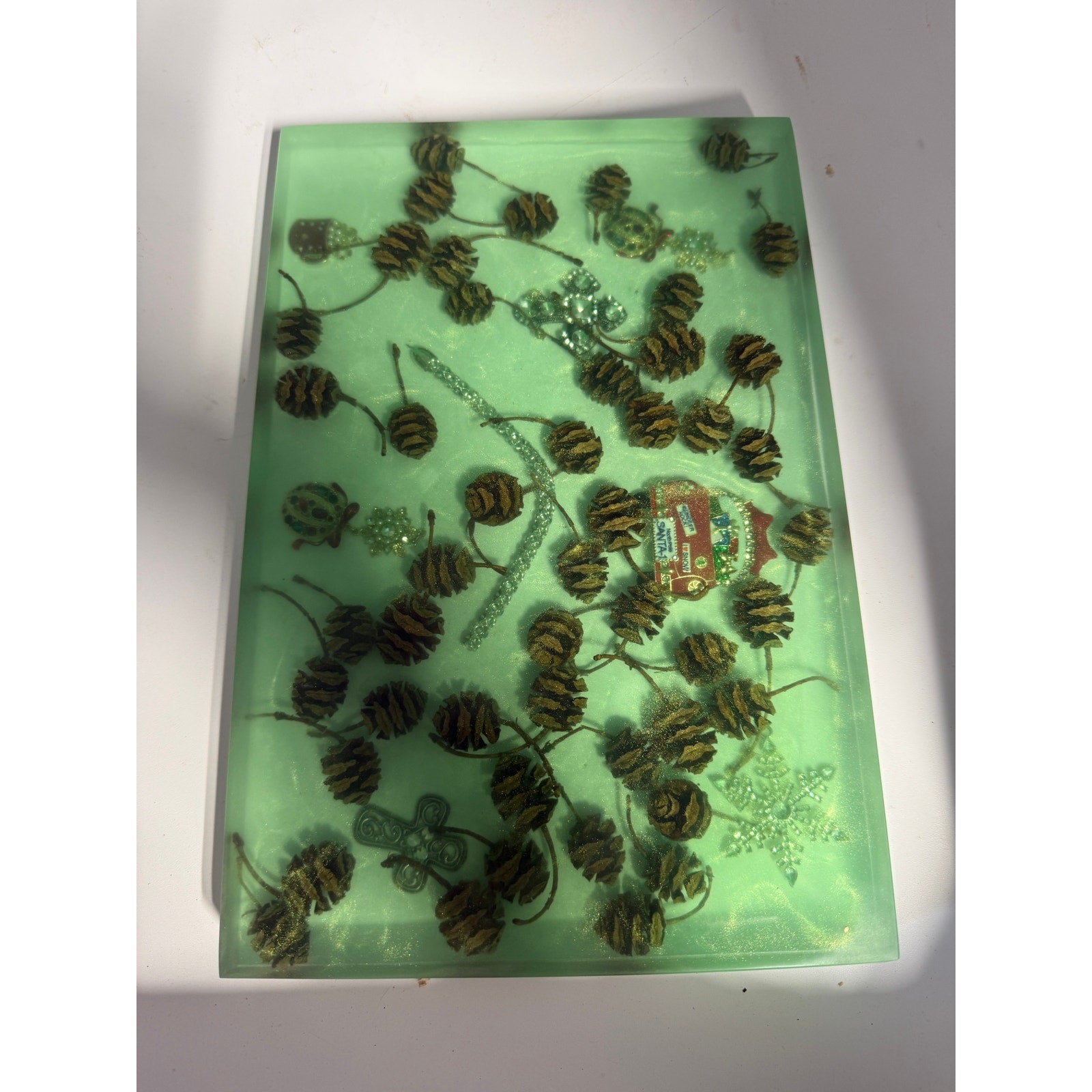 Christmas Theme Charcuterie Board, Green Epoxy, Pine Cone Accents, Handcrafted, 12x8x1.25