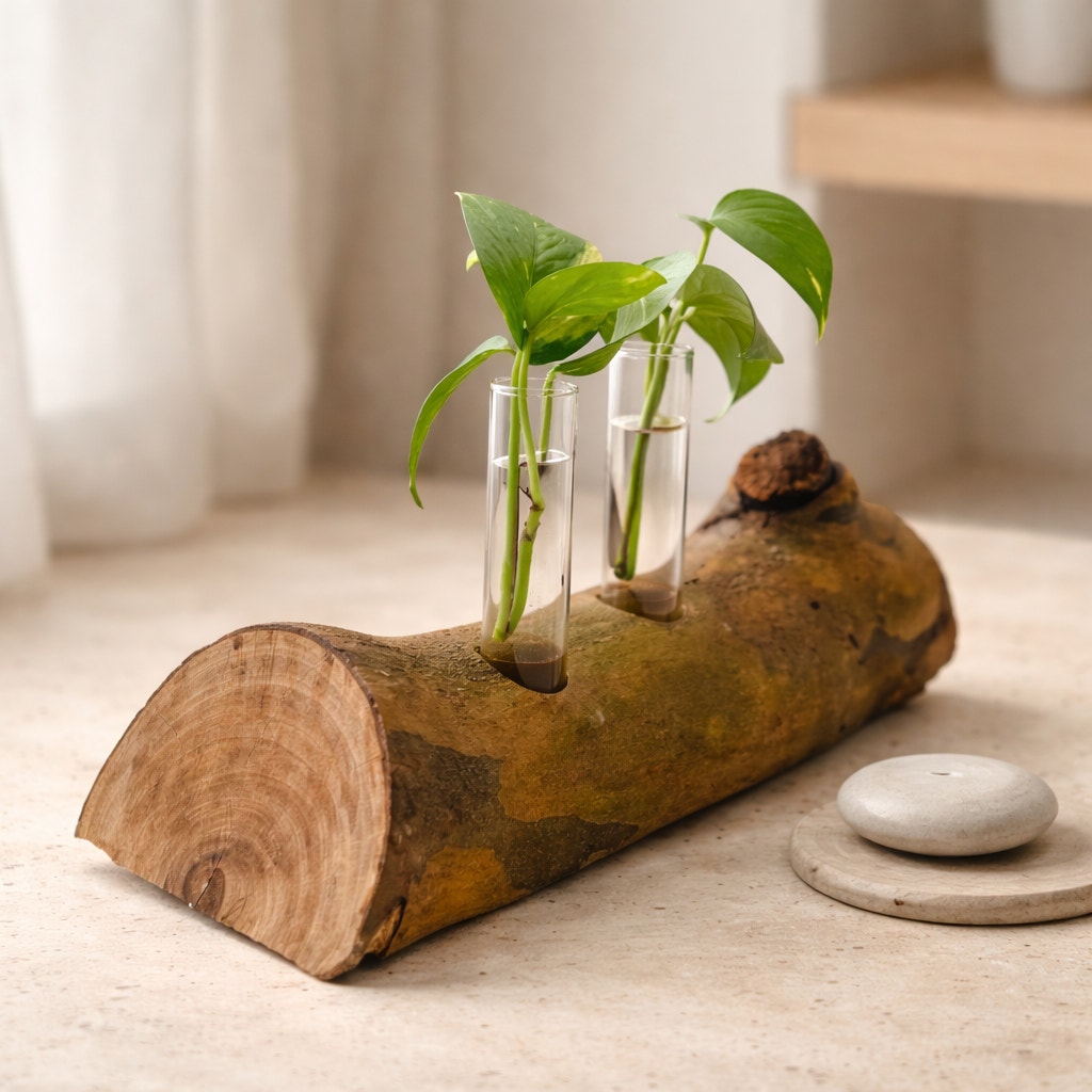 Rustic Log Propagation Station with Glass Tubes, bud vase display, rooted cuttings holder, dried flower centerpiece, farmhouse decor