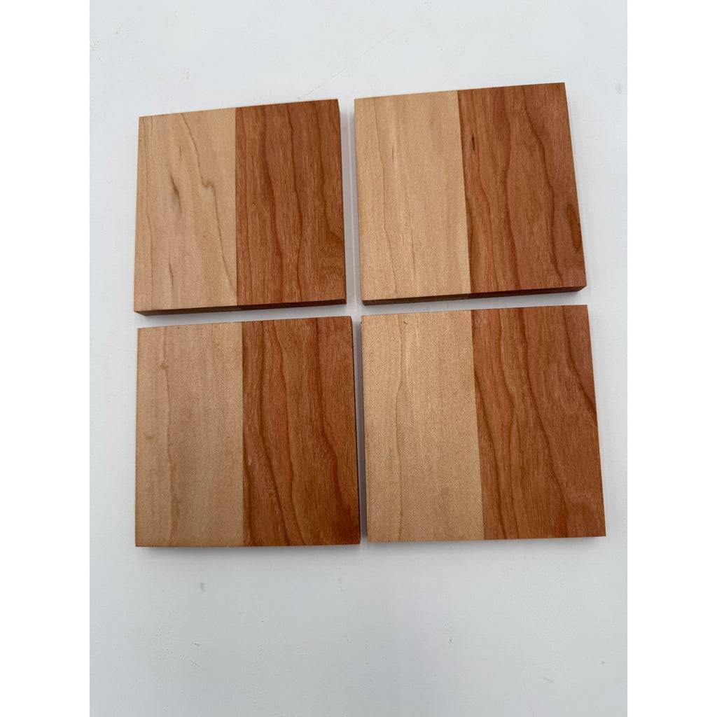 Handcrafted Hardwood Coaster Set of Four, dual-wood design, optional stand, choice of patterns and woods, 4x4 or 4.25x4.25