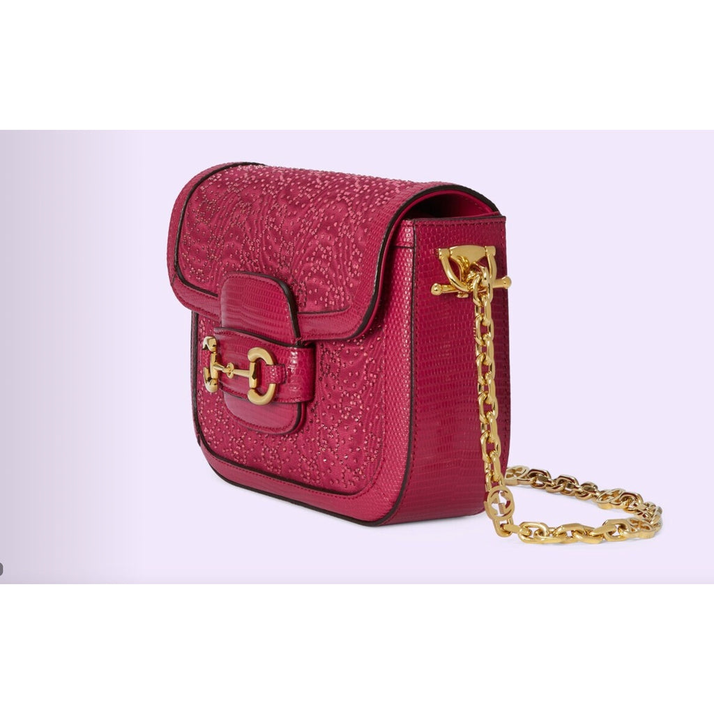 Gucci Mini 1955 Horsebit Pink Lizard Leather & Crystal Bag EXOTIC NIB