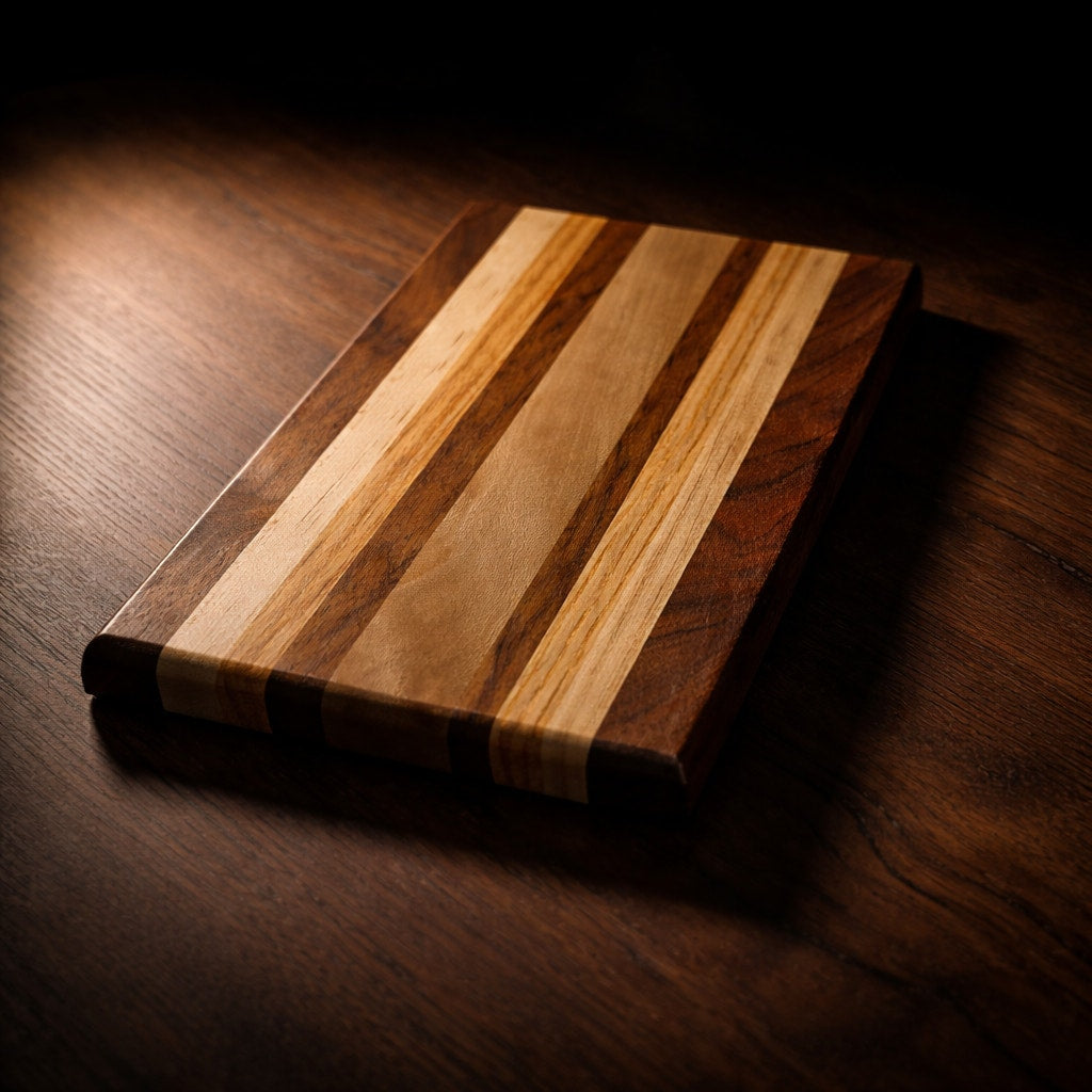 Compact Handmade Wood Cutting Board for Chefs, 11.75 x 7.5 x 1.5, edge grain, assorted hardwood mix, board oil conditioned