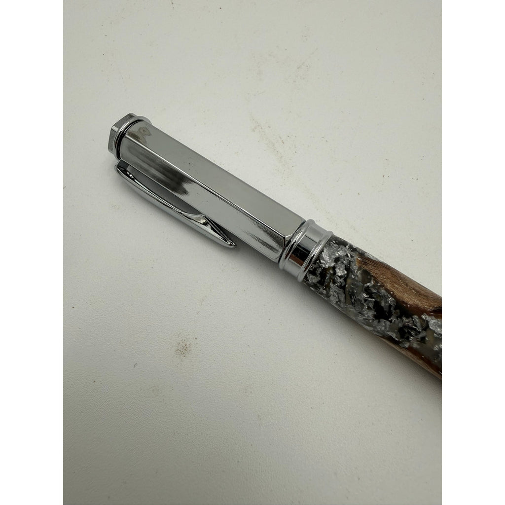 Hand Turned Fountain Pen with Silver Accents, epoxy barrel with silver flake and grapevine, includes ink pump and cartridge, handmade gift