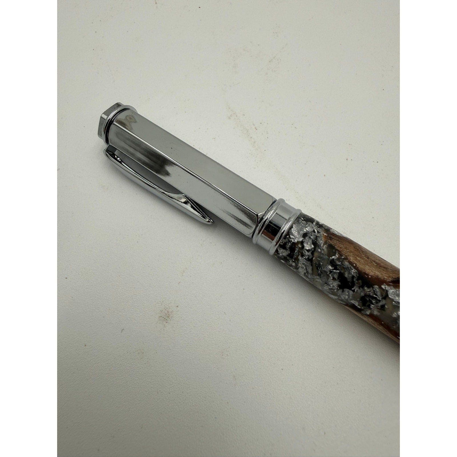 Hand Turned Fountain Pen with Silver Accents, epoxy barrel with silver flake and grapevine, includes ink pump and cartridge, handmade gift