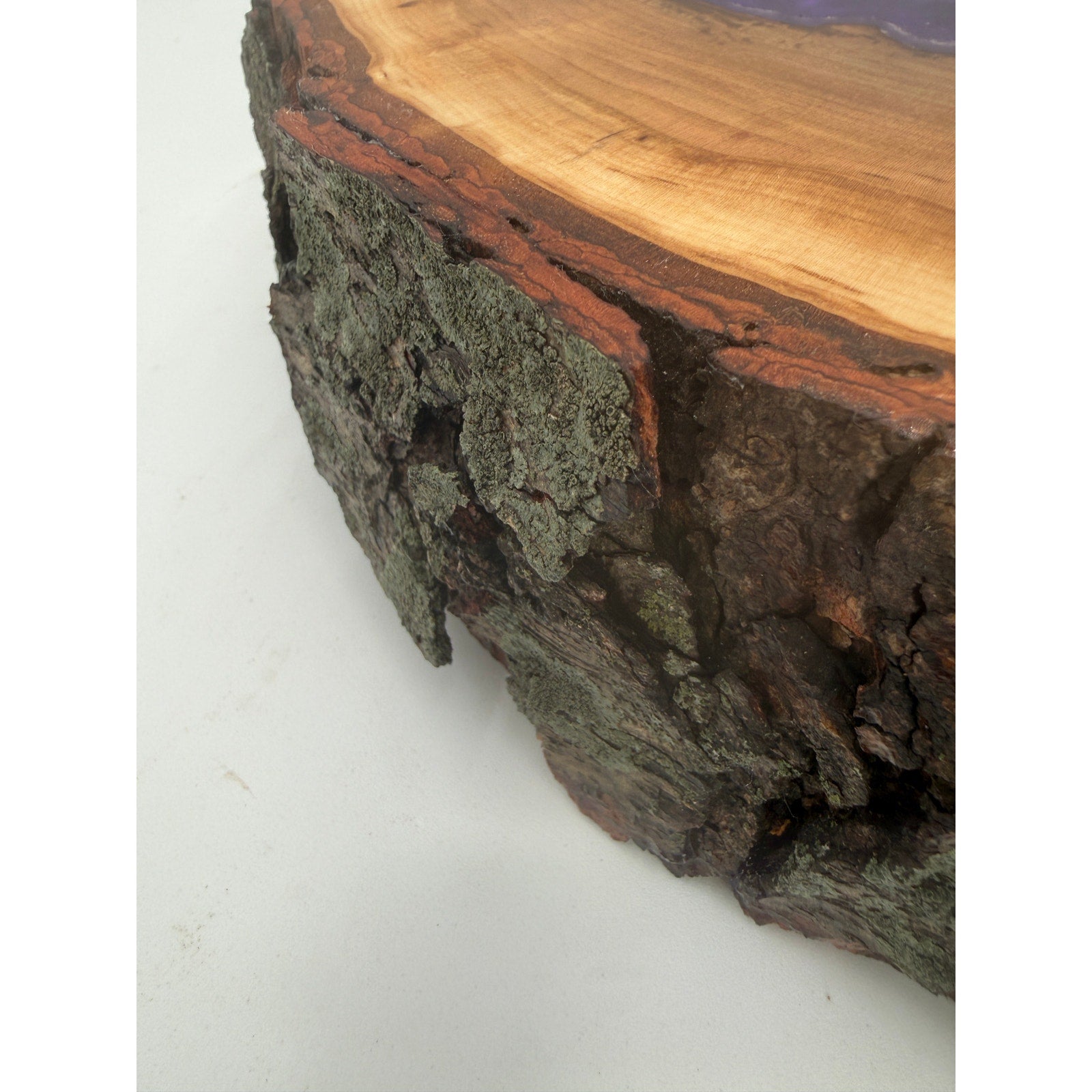 Hollow Cherry Log Charcuterie Board, Purple Epoxy Accents, Natural Bark Edge, 13x12x3, SKU 1416