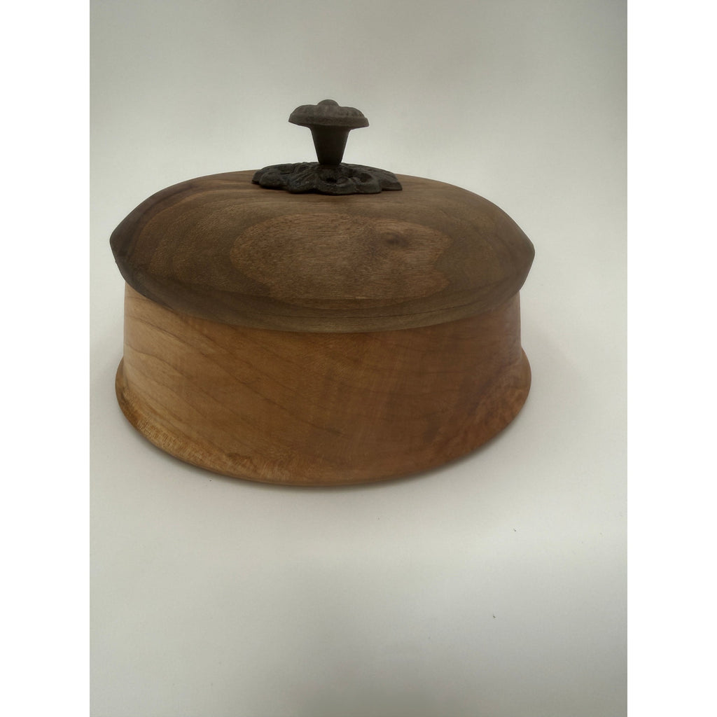 Figured Maple Turned Bowl with Lid, Walnut Top, Wrought Iron Handle, SKU 1464
