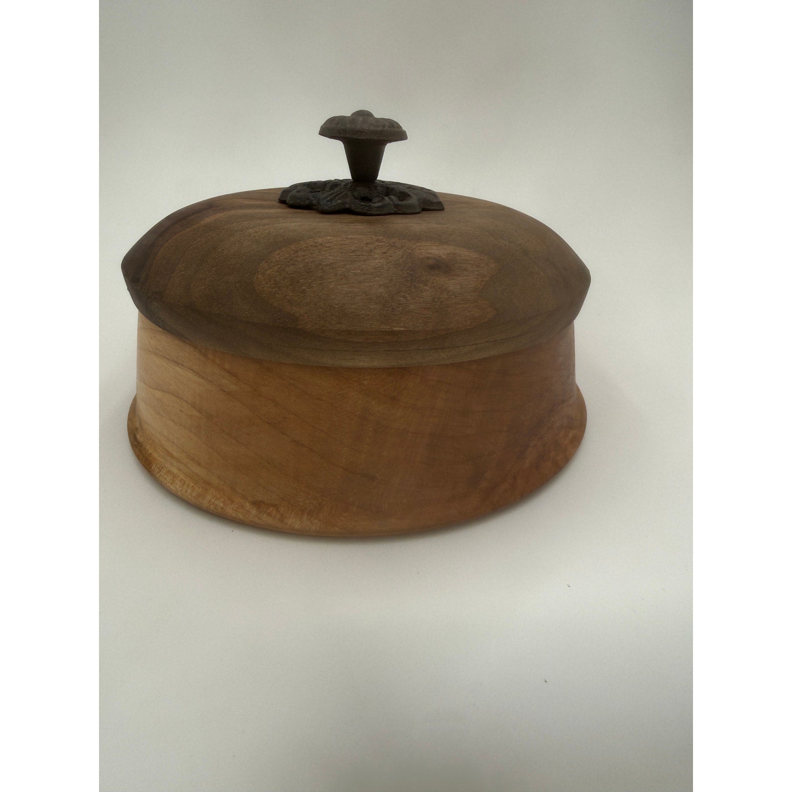 Figured Maple Turned Bowl with Lid, Walnut Top, Wrought Iron Handle, SKU 1464