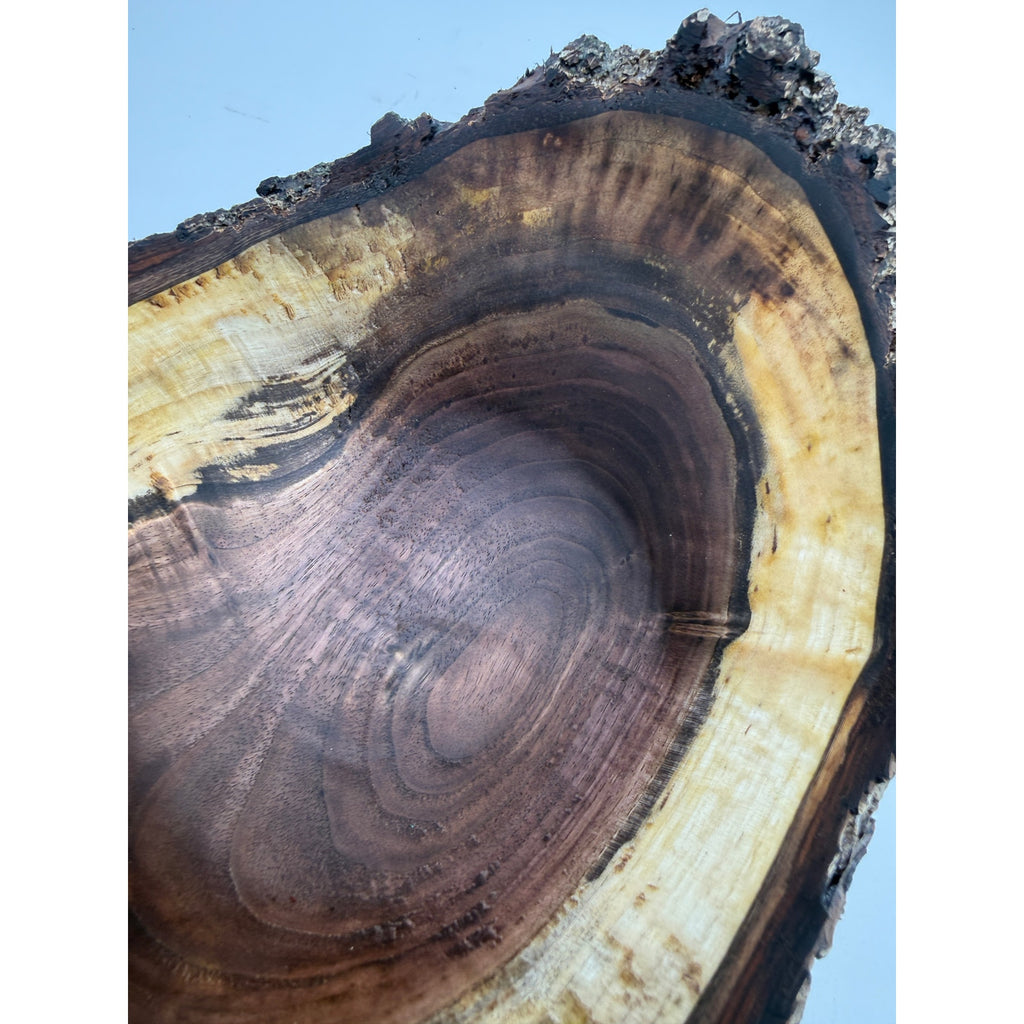Live Edge Walnut Bark Rim Hand Turned Bowl, 11x8 size, 4.5 in tall, food safe finish, rustic centerpiece, artisan made