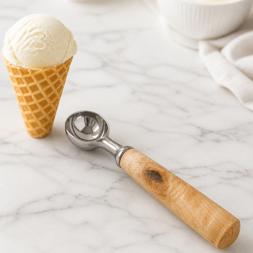 Wood Handle Ice Cream Scoop Kitchen Tool, Stainless Steel Hardware, 8 Inch Long, SKU 1438 1439O 1440 1441