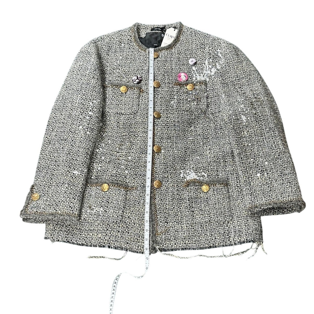 R13 Slouch Embellished Tweed Jacket Gray Oversized Size M