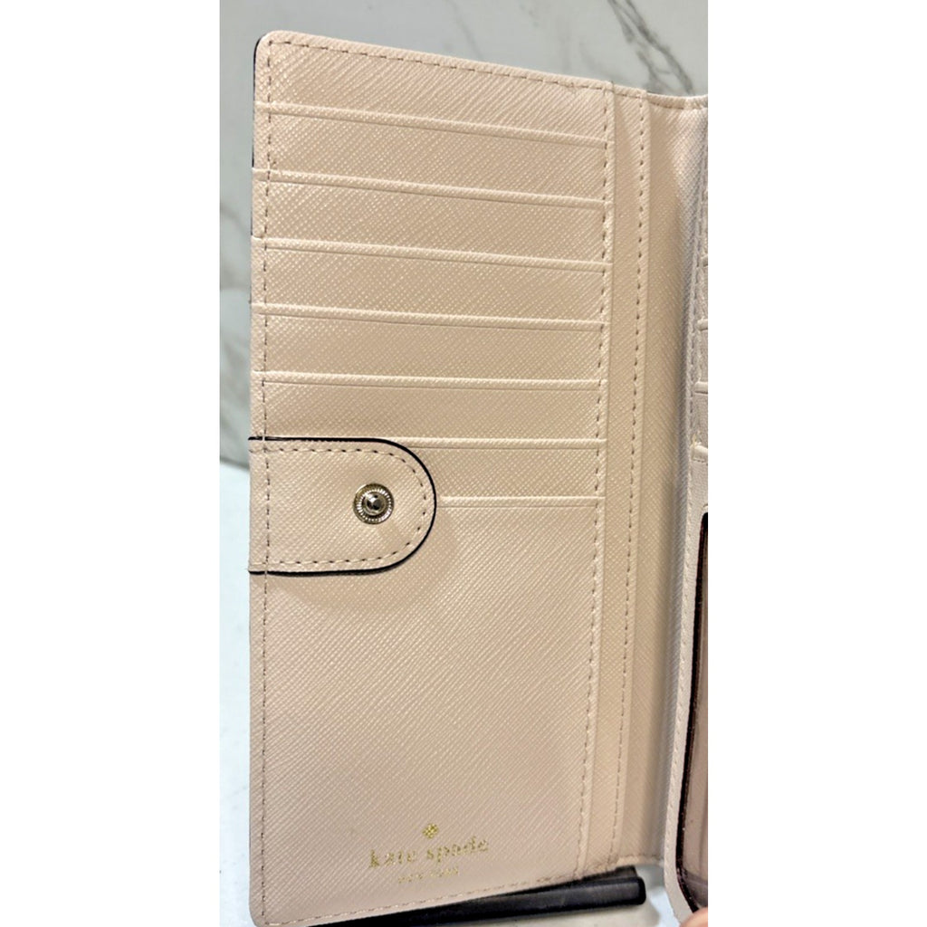 Kate Spade Laurel Way Stacy Snap Wallet Almond Black Leather Saffiano Cream Gold