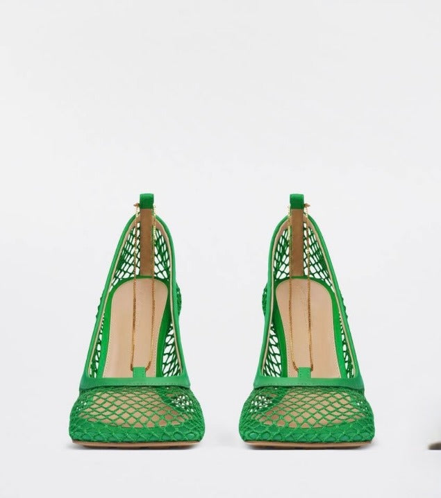 6859 - Bottega Veneta Green Mesh Square Toe High Heel Pumps Gold Chain NIB
