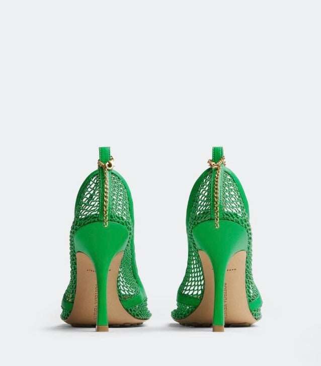 6859 - Bottega Veneta Green Mesh Square Toe High Heel Pumps Gold Chain NIB
