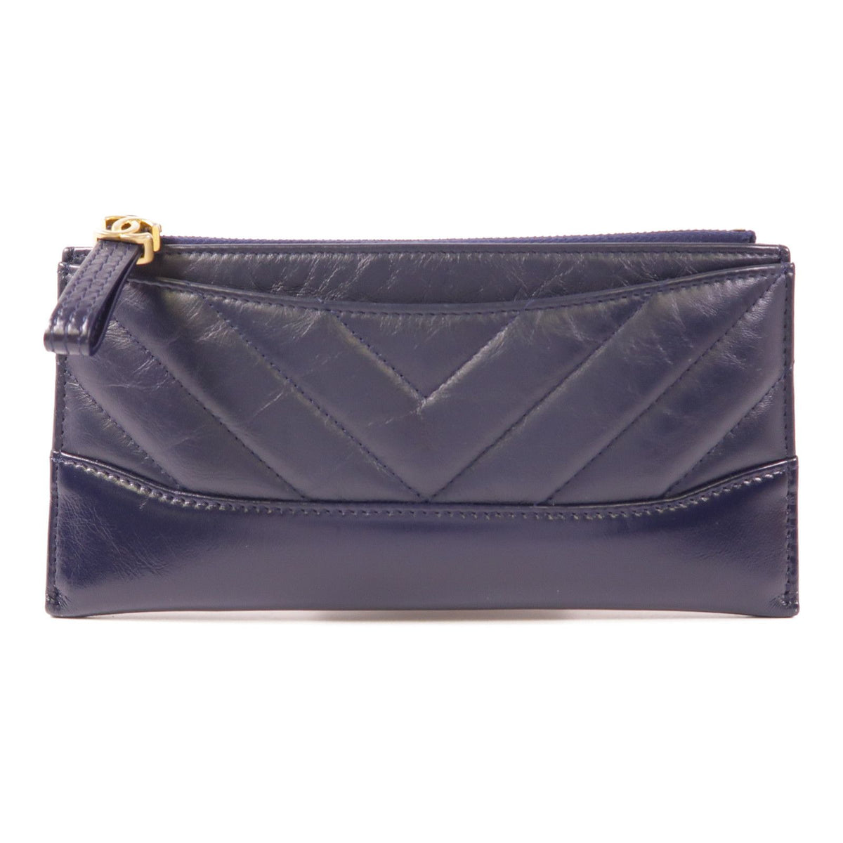 6033 - CHANEL Crinkled leather long zipper wallet Navy Blue