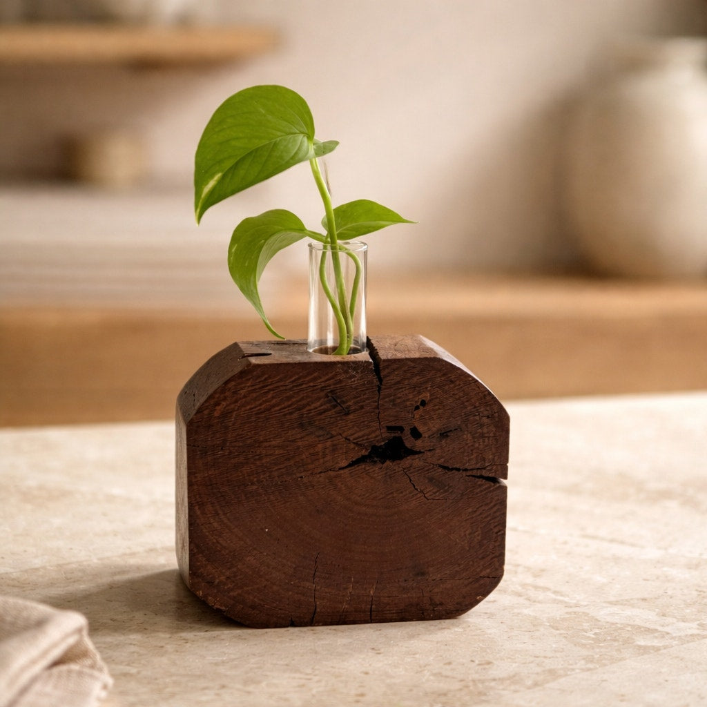 Rustic Wood Propagation Station Bud Vase, 6x2.5 size, single glass tube, functional decor, use for cuttings or dried flowers