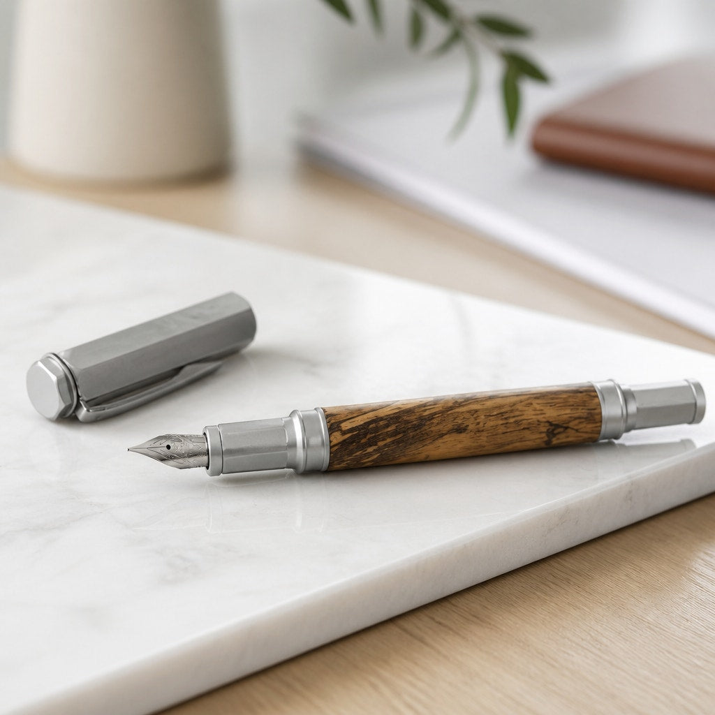 Vertex Fountain Pen in Spalted Tamarind, Hand Turned Barrel, Ink Pump, Cartridge, SKU 1469