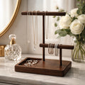 Handcrafted walnut jewelry stand, tiered bars with catchall tray, minimalist organizer