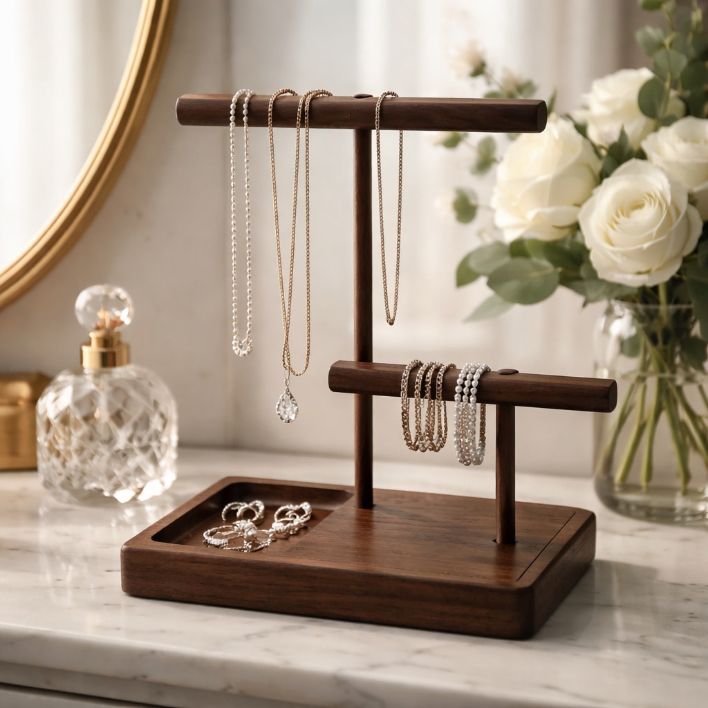 Handcrafted walnut jewelry stand, tiered bars with catchall tray, minimalist organizer
