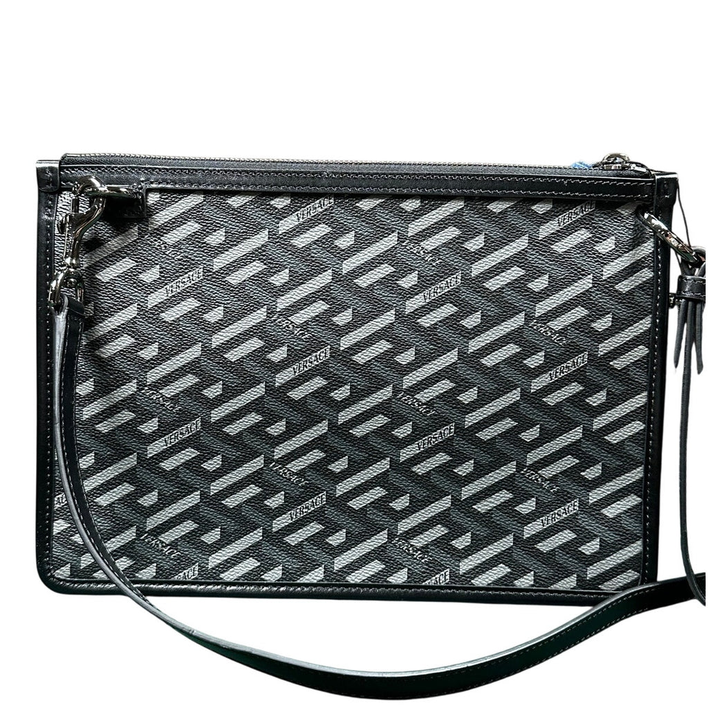 Versace La Greca Leather Messenger Bag Black Grey - New