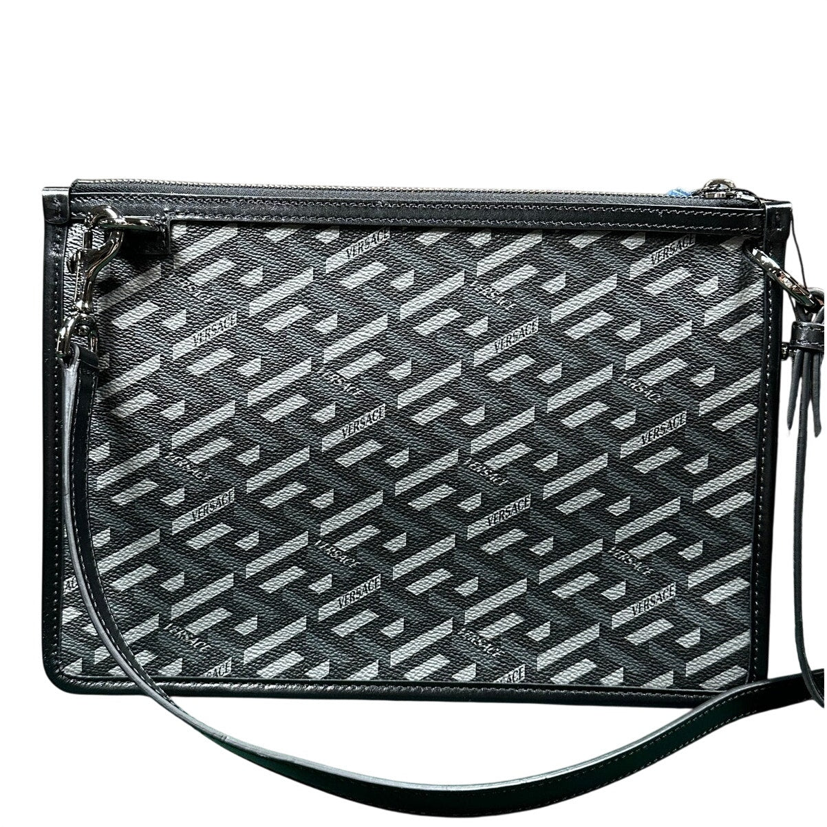 Versace La Greca Leather Messenger Bag Black Grey - New
