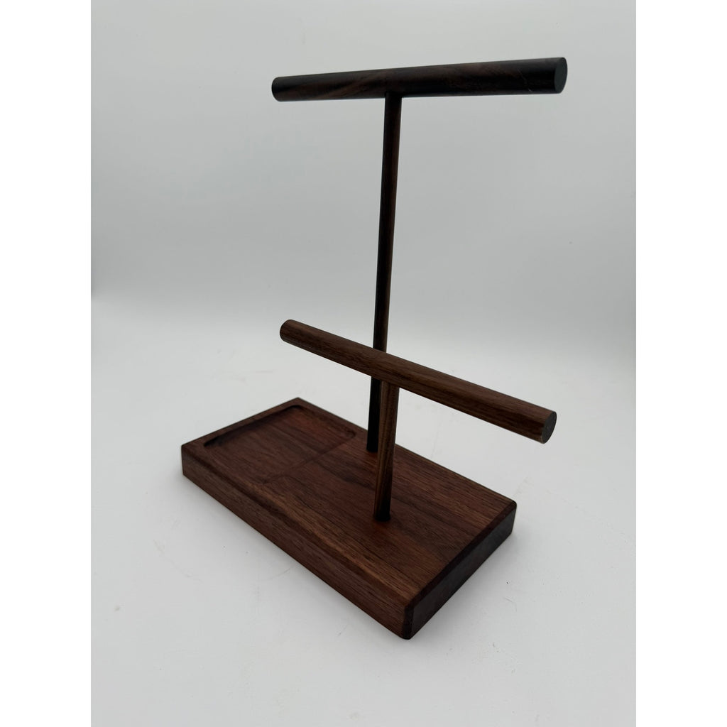 Handcrafted walnut jewelry stand, tiered bars with catchall tray, minimalist organizer