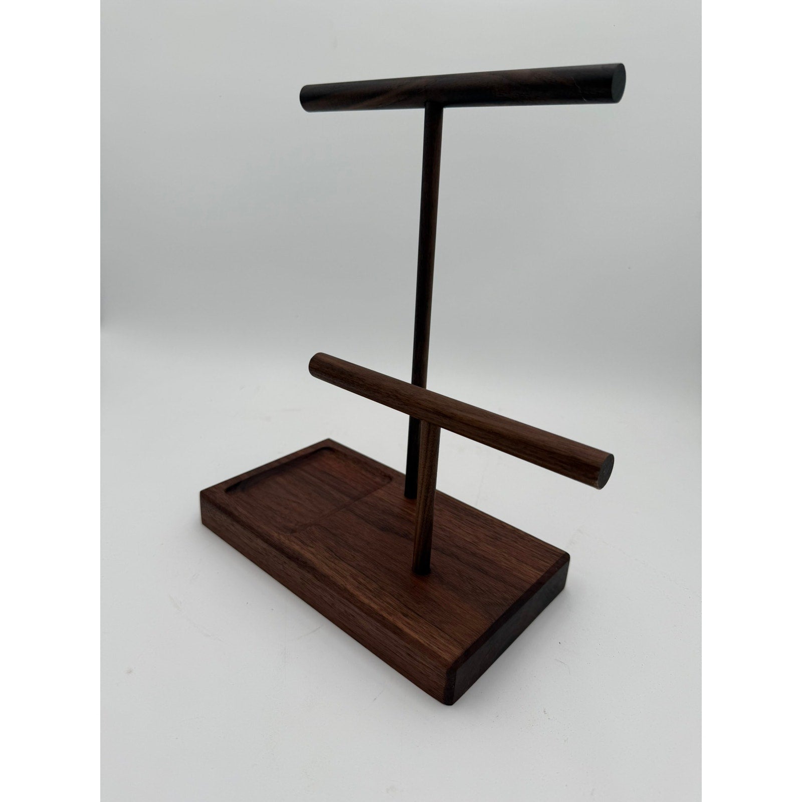 Handcrafted walnut jewelry stand, tiered bars with catchall tray, minimalist organizer