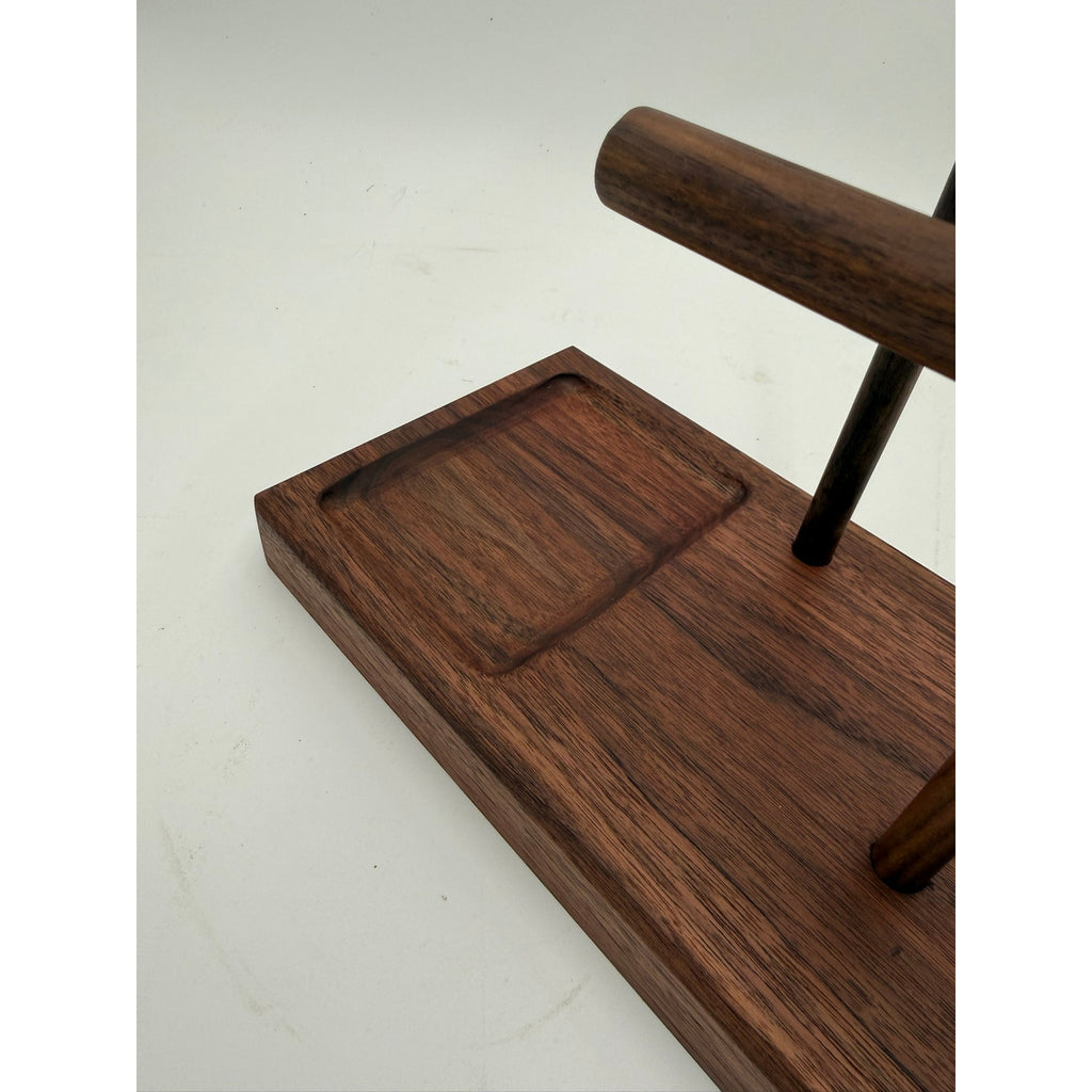 Handcrafted walnut jewelry stand, tiered bars with catchall tray, minimalist organizer