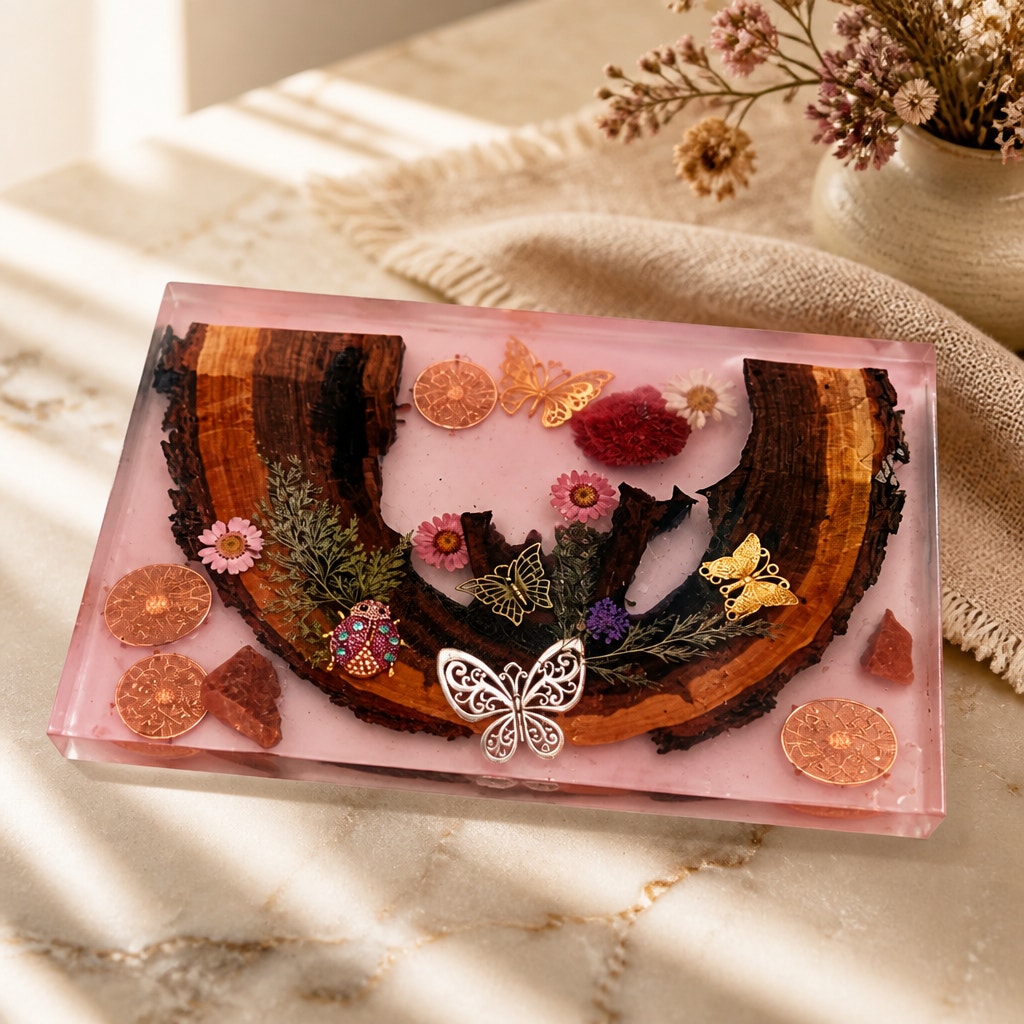Butterfly Garden Resin Charcuterie Board 12x8, red epoxy art serving tray, embedded wood and florals, ladybug accents, handmade home decor