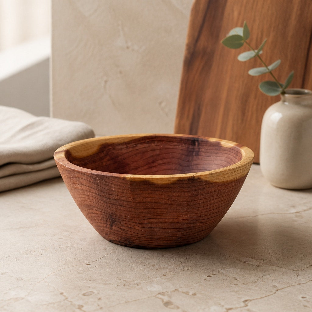 Small Handcrafted Cedar Serving Bowl 5.25 x 2, salad or snack dish, rustic kitchen decor, artisan made, smooth satin seal