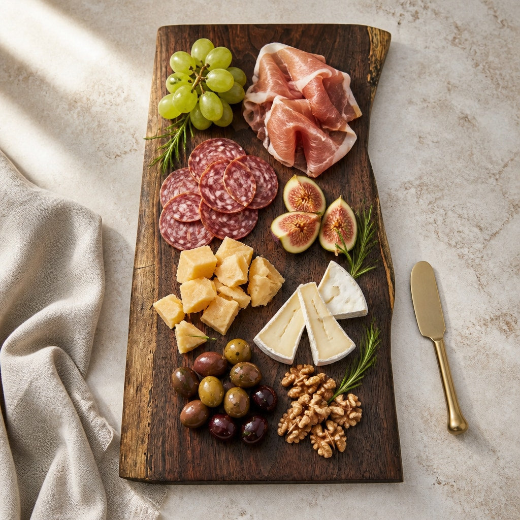 Handcrafted Walnut Live Edge Charcuterie Board, 15x8x1 size, rich dark coloring, intricate grain pattern, food safe finish