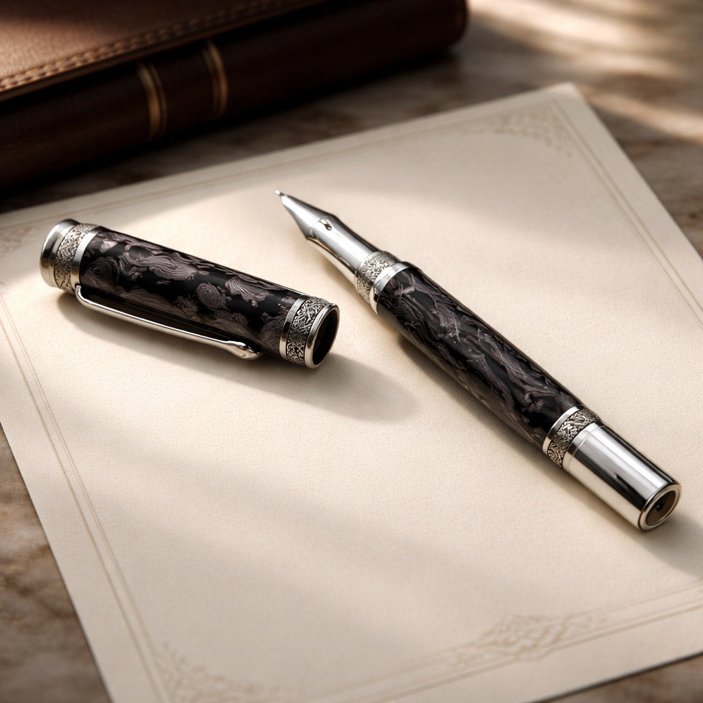 One of a Kind Fordite Barrel Rollerball Pen, handmade artisan pen, silver details, refillable ink, professional writing tool