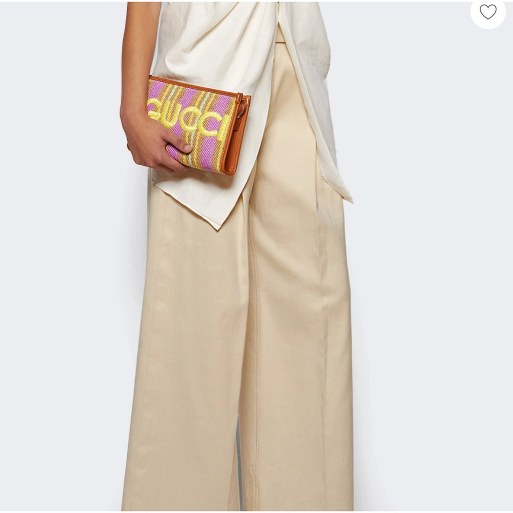 Gucci Multicolor Jute Pouch with Leather Trim NWT