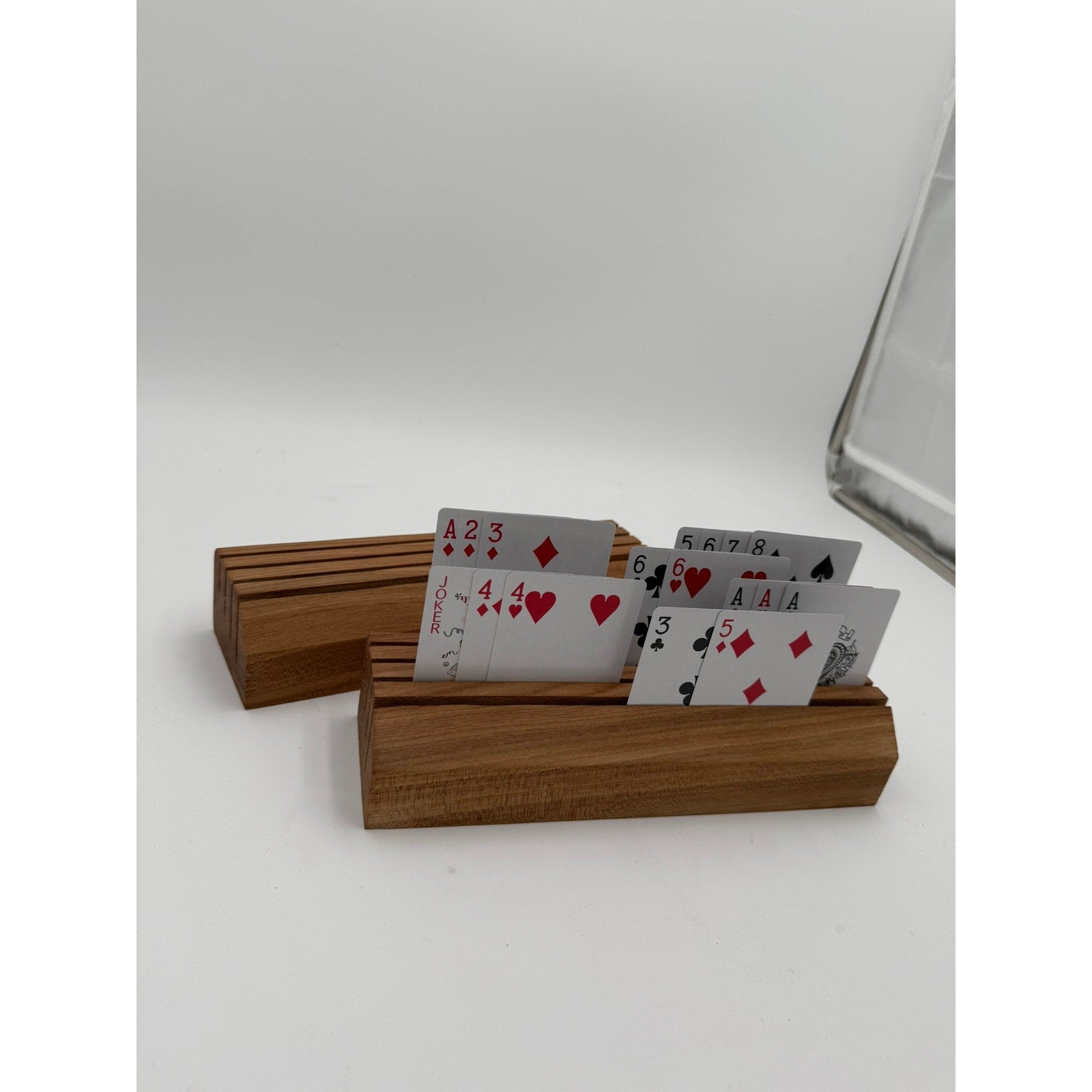 Handcrafted Wooden Playing Card Holder rack, 4-7 slot organizer, tabletop game accessory, bridge and poker aid