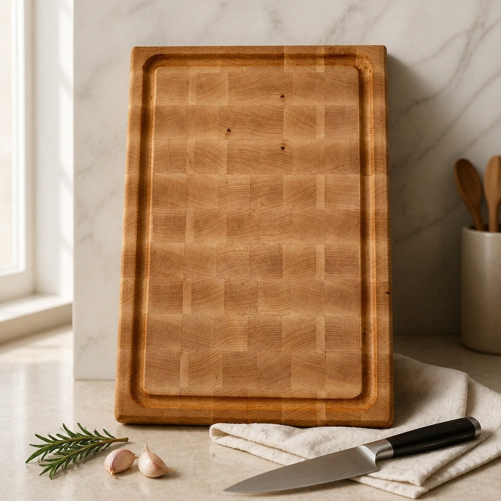 Large Maple Butcher Block Cutting Board, 18x12x1.5, end grain, reversible with groove, flat prep surface, handmade in USA