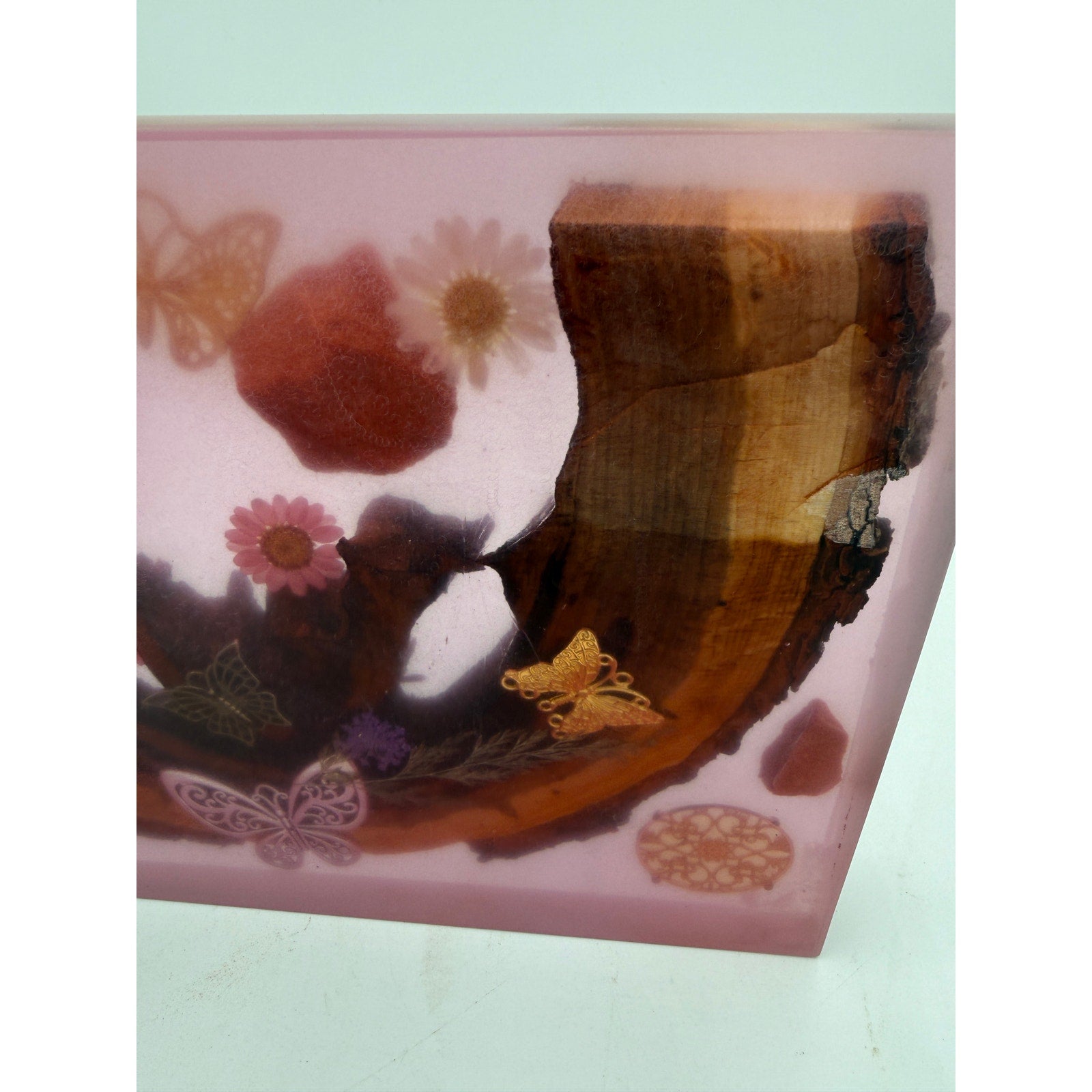 Butterfly Garden Resin Charcuterie Board 12x8, red epoxy art serving tray, embedded wood and florals, ladybug accents, handmade home decor