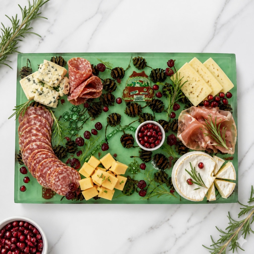 Christmas Theme Charcuterie Board, Green Epoxy, Pine Cone Accents, Handcrafted, 12x8x1.25