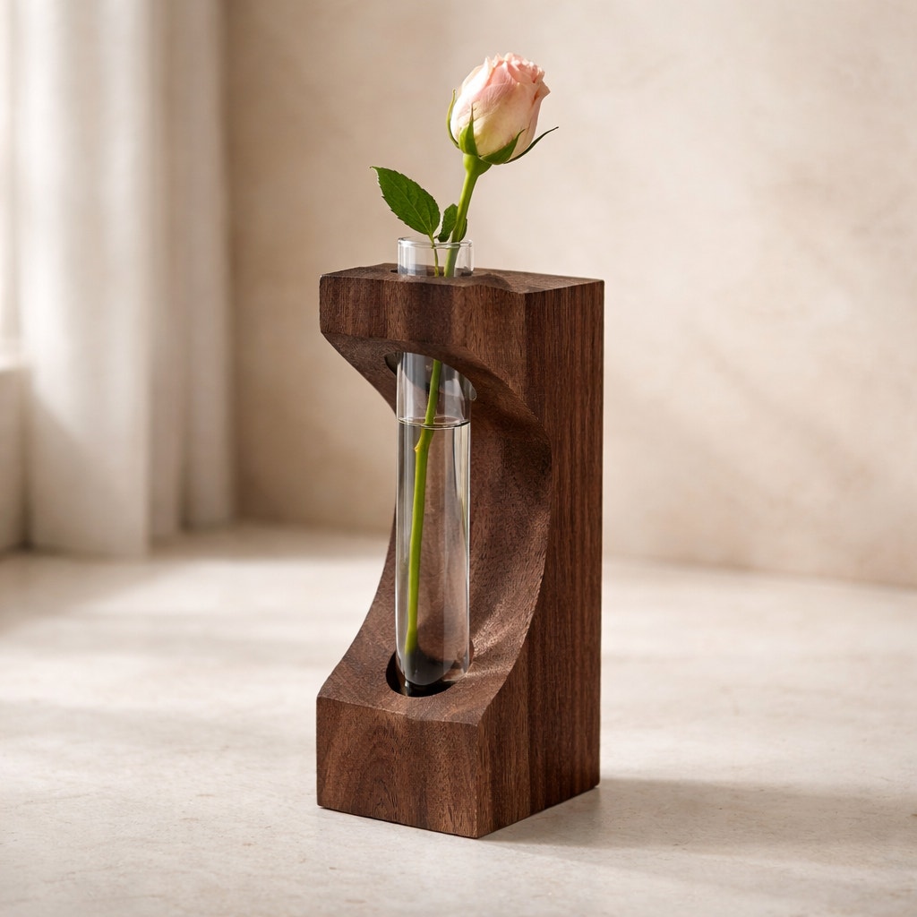 Walnut Propagation Station with Glass Tube, 3x3x9 inches, modern decor, functional bud vase, minimalist planter